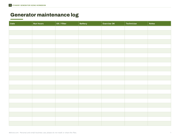 Preview of Printable Generator Maintenance Log